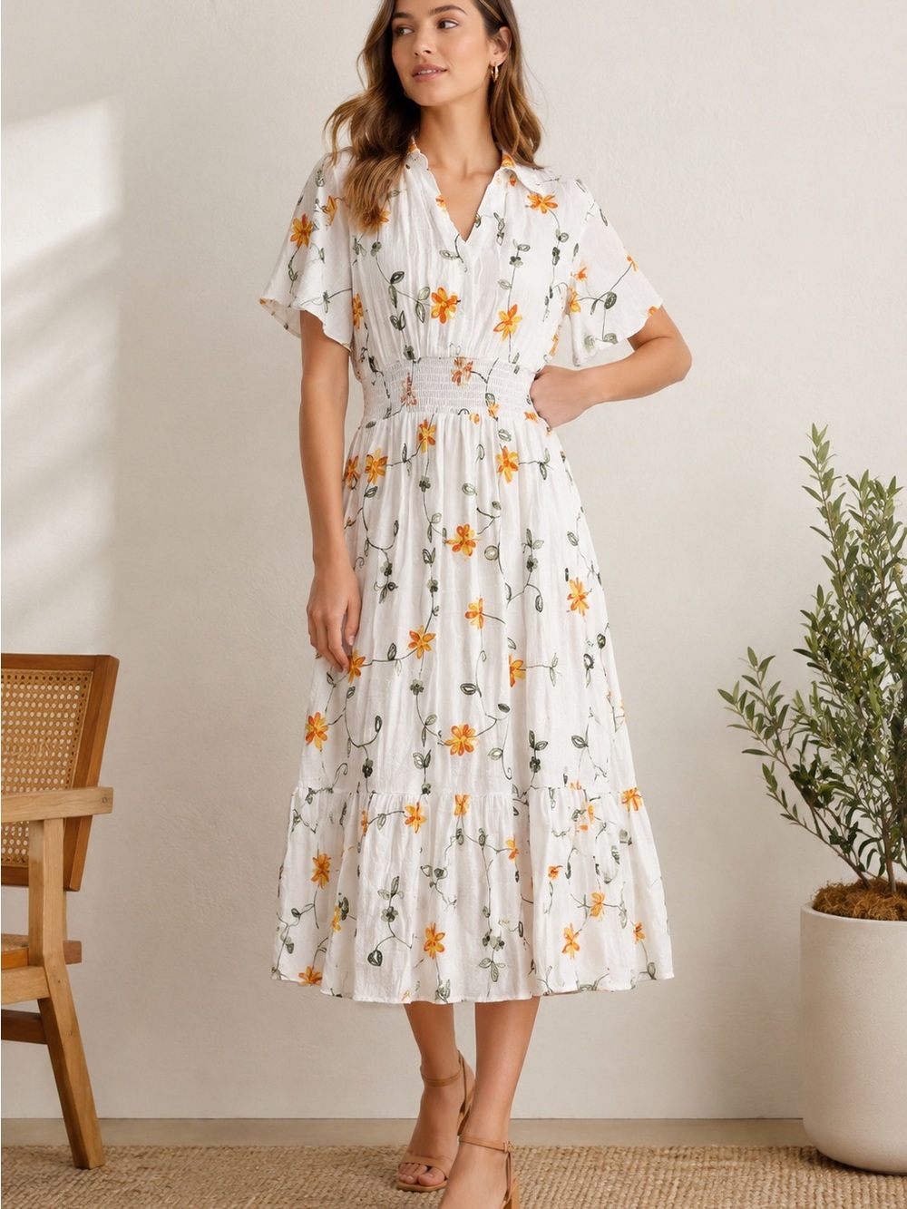 Anthropologie Kindred Floral Embroidered Midi Dress White Boho Cottagecore